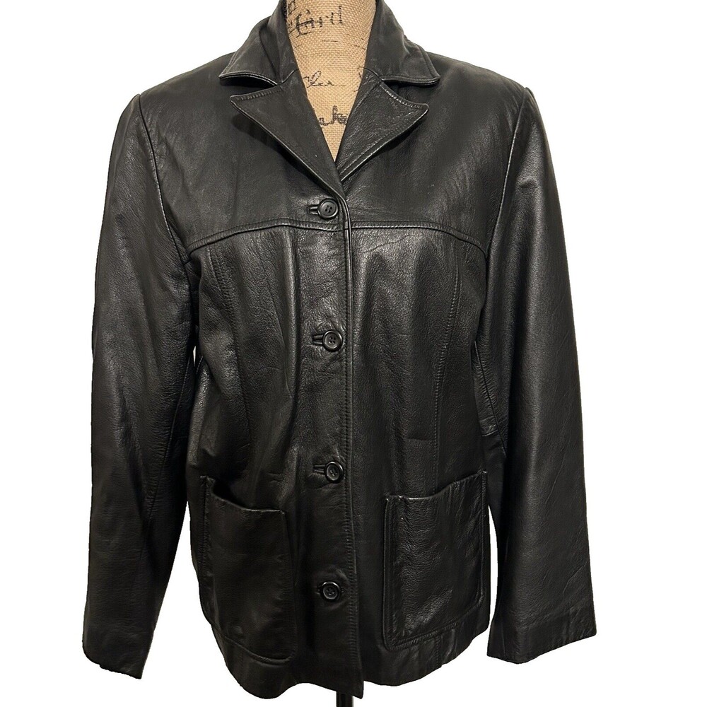 VTG Outbrook Womans Genuine Leather Jacket Black Buttons Pockets Size Med 10/12